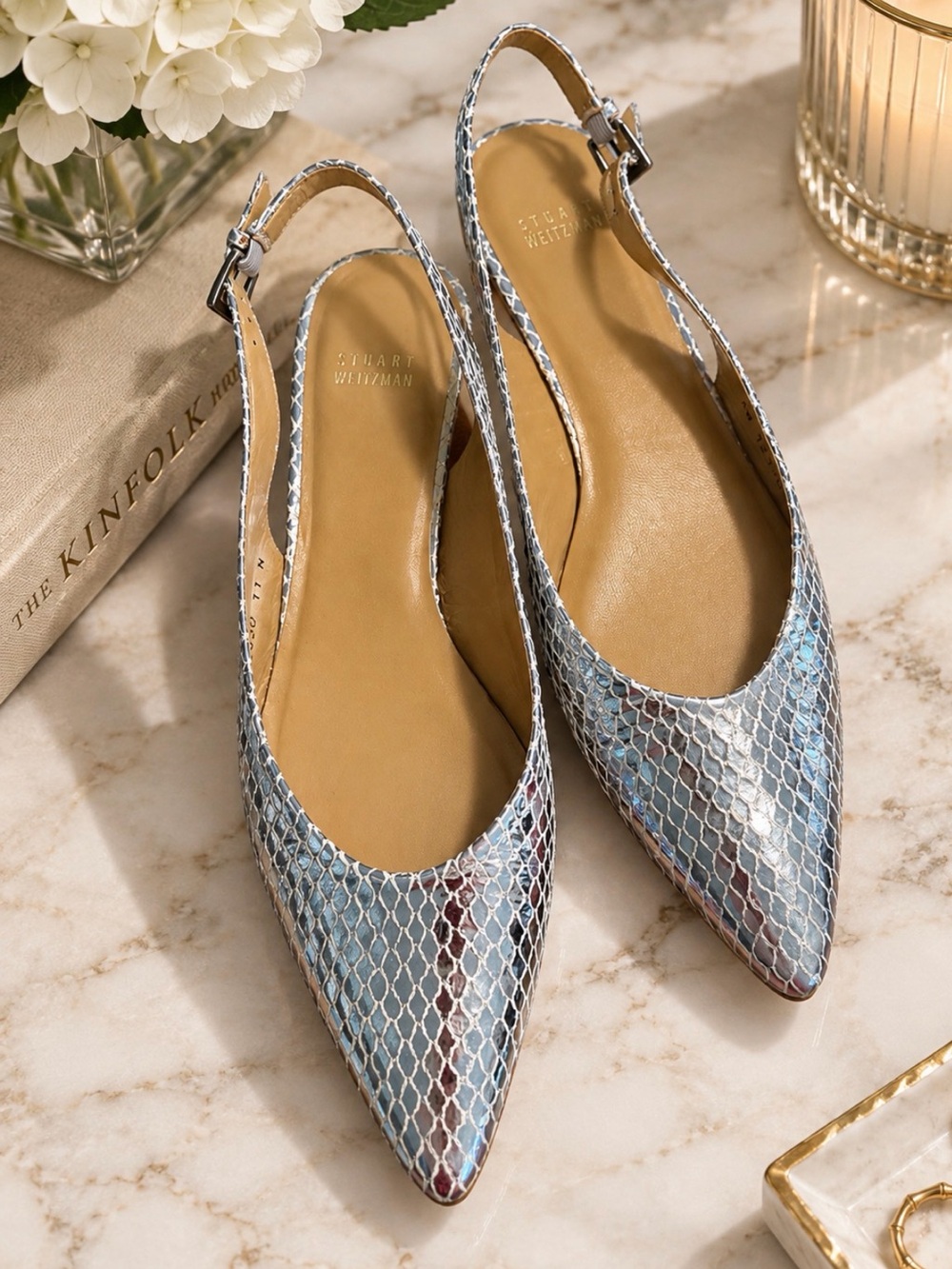Stuart Weitzman Silver Snake-Print Pointed Slingback Flats